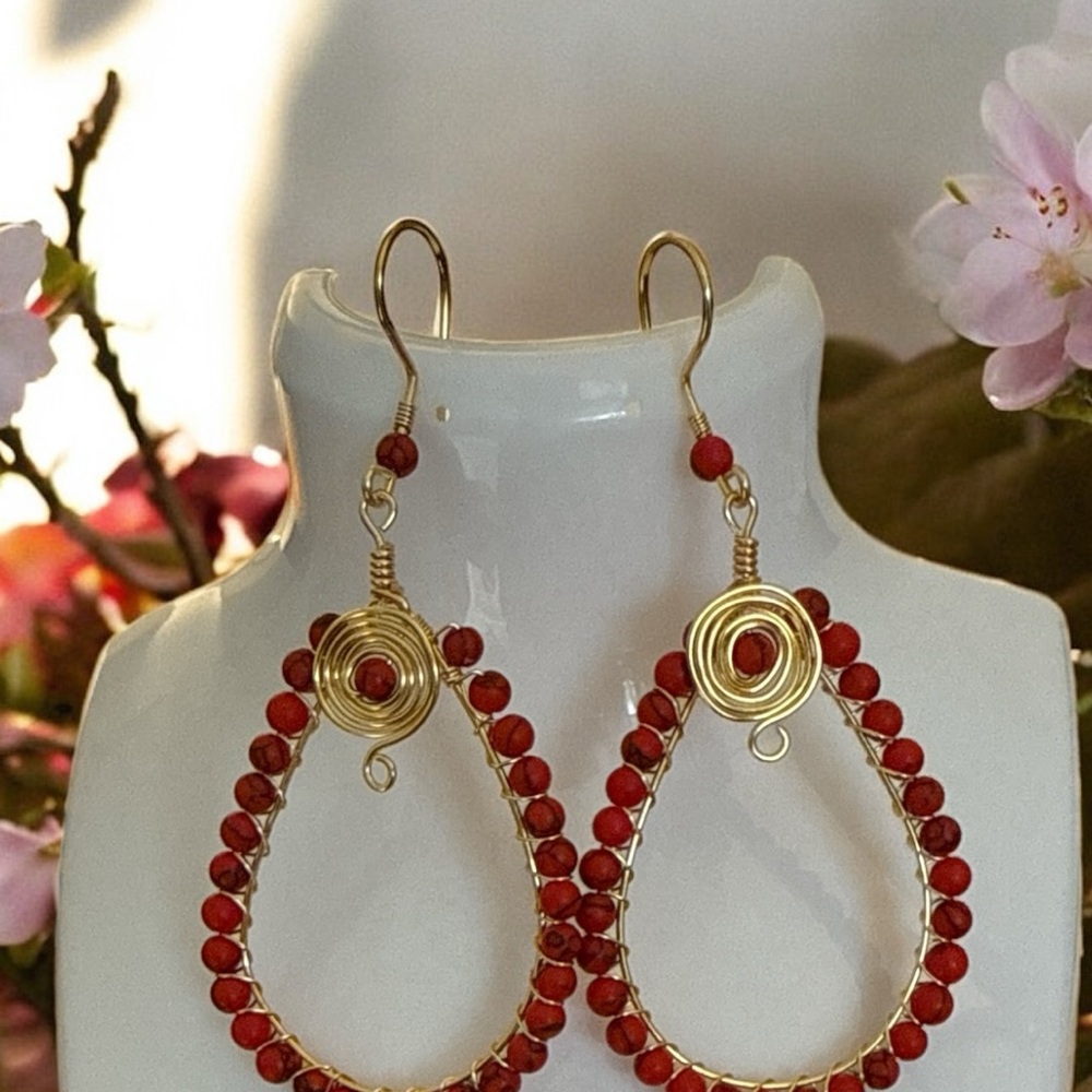Gold and Red Spiral Beaded Earrings
